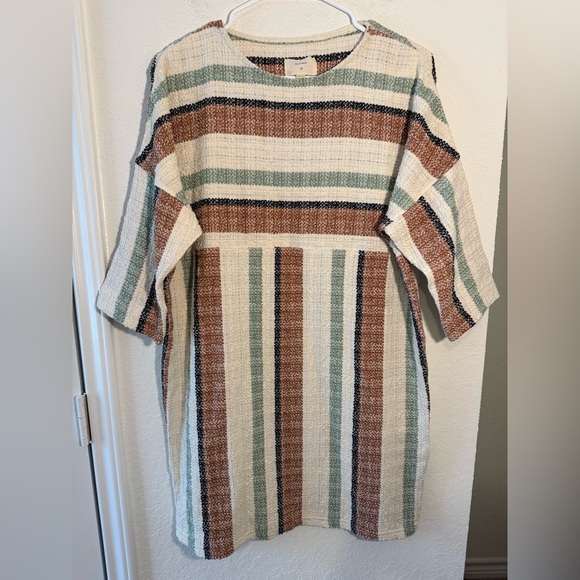 Billy Reid Flax Blend Italy Striped Quarter Sleeve Mini Dress Womens Size XSmall